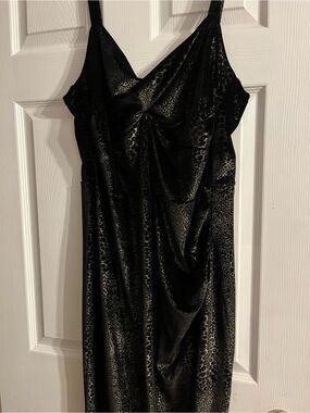 Tatyana Black Strapless Velvet Slip Dress with Metallic Leopard Accent